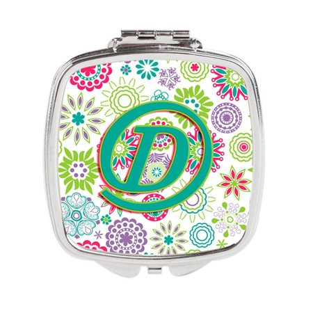 CAROLINES TREASURES Letter D Flowers Pink Teal Green Initial Compact Mirror CJ2011-DSCM